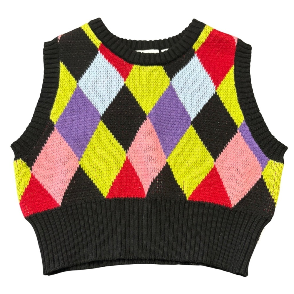 Ragged Jeans Womens Argyle Sweater Vest Multicolor Cropped Knit Top Size M